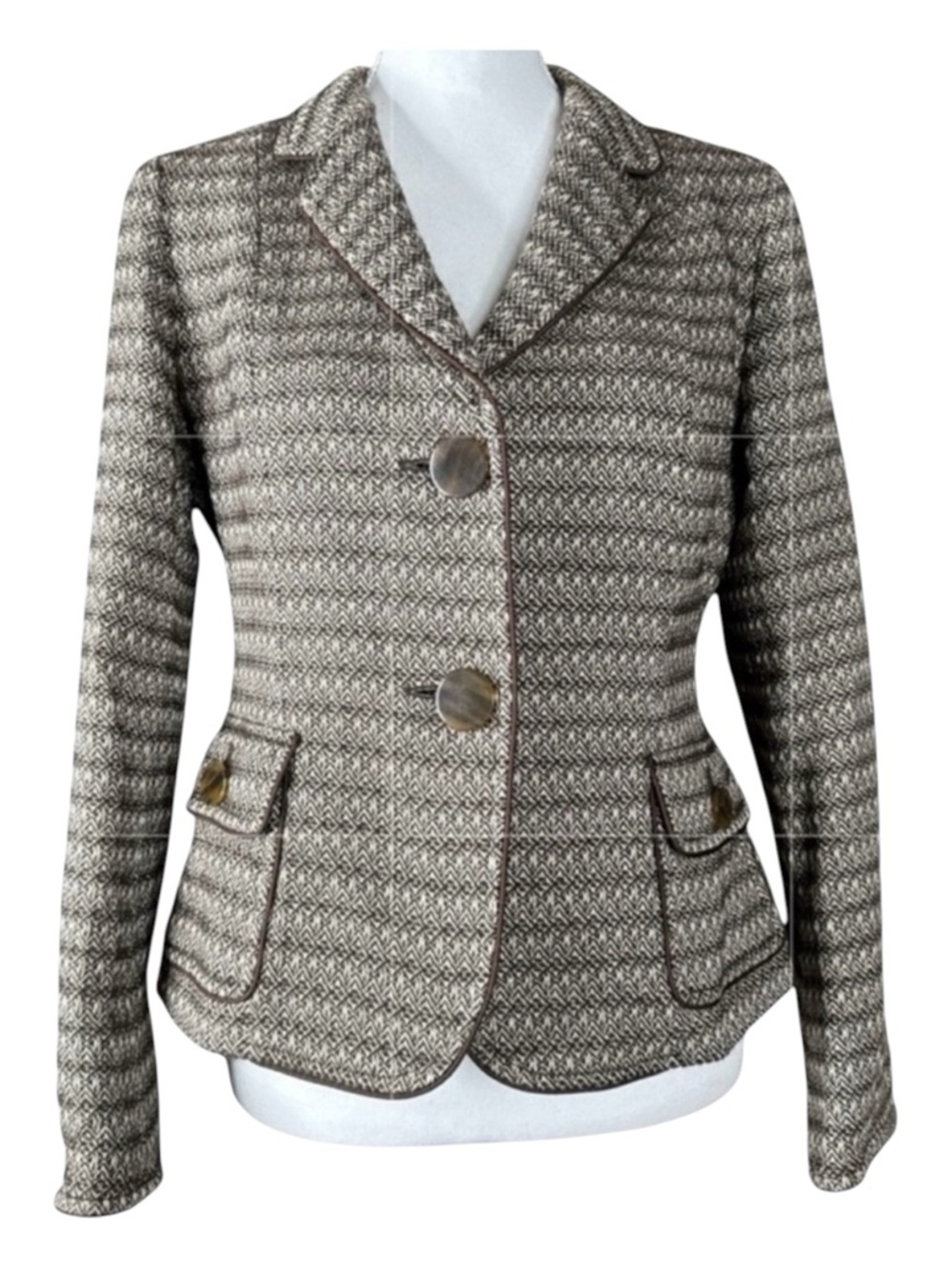 TALBOTS Tweed Blazer in Brown & Crème, Two Button Front, Pockets, Lined, Size 8.